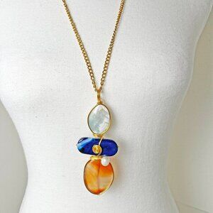 Artisan Pendant Gold-Tone Necklace- Sodalite, Blue Agate, Pearls & Carnelian